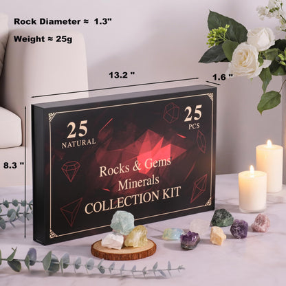 HEMYLU Rock Collection for Kids, 25PCS Crystal Gem Mineral Collection Set Box Gift for Boys and Girls, Natural Gemstone with Learning Guide Education Set