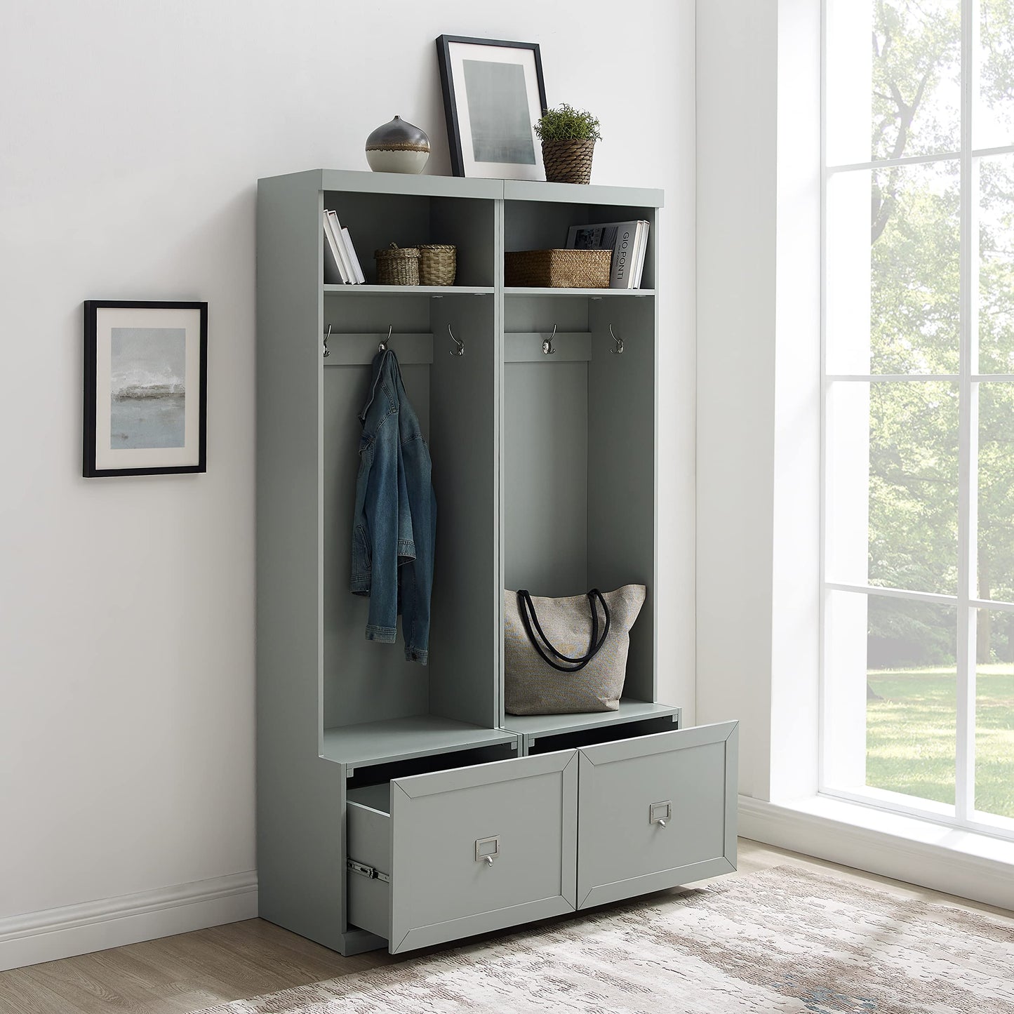 Crosley Furniture Harper 2-Piece Hall Tree Entryway Set with Storage Bench and Coat Rack Hooks for Hanging, Gray