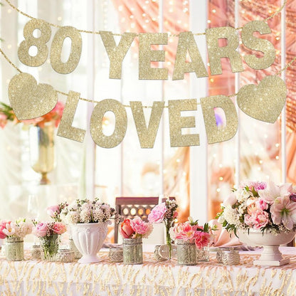 80 Years Loved Banner for 80th Birthday Decorations for Men Women Pre-Strung Birthday Banner Party Decorations Gold Glitter