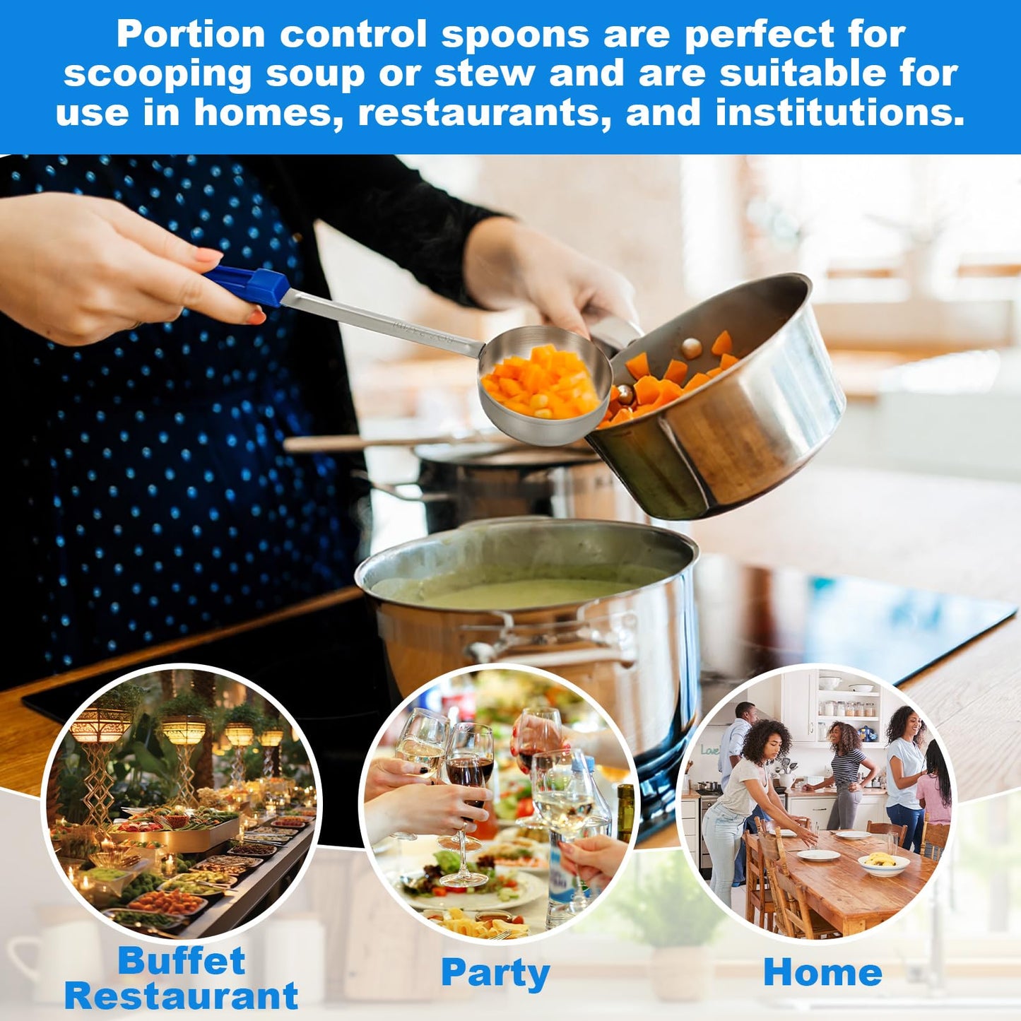 Ferrochef 8 Pcs 8oz Portion Control Serving Spoons Unslotted Portion Scoops for Food with Blue Handle, Stainless Steel Serving Utensils Set for Restaurant/Weight Loss/Baking