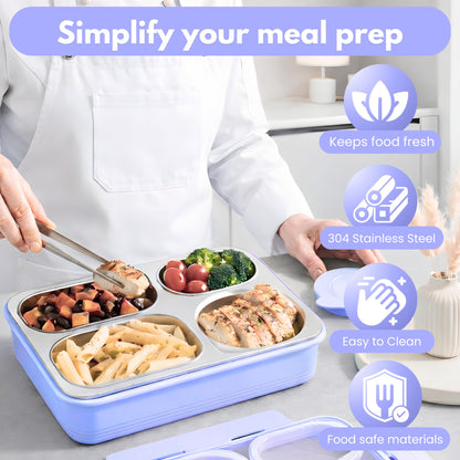 Homaze Kids Stainless Steel Bento Lunch Box, 4-Compartment Food Container with Condiment Cup, Chopsticks and Spoon, Leak-Resistant (Purple)