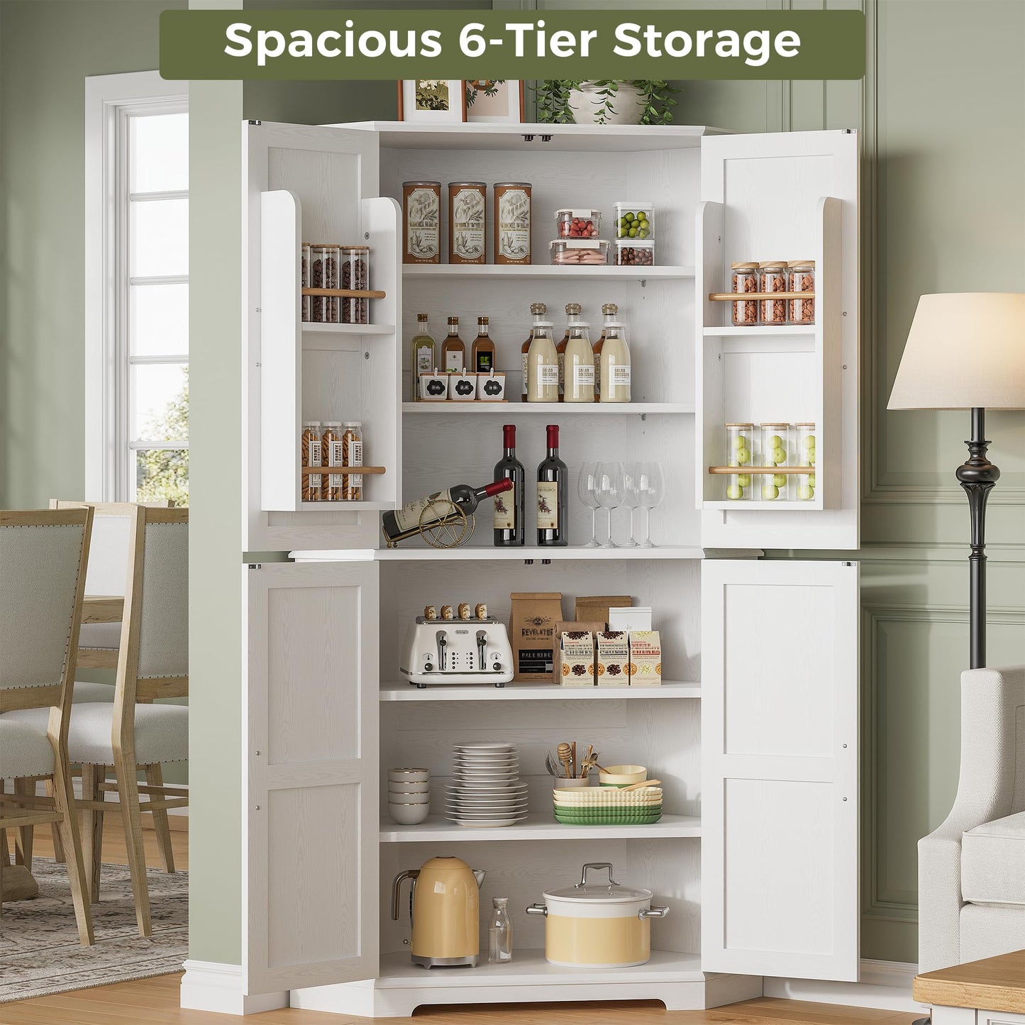IRONCK Corner Cabinet, 72" Kitchen Pantry Cabinet, 6-Tier Freestanding Farmhouse Pantry with 2 Adjustable Shelves, 240°Swivel Doors, 2 Doors Storage, Spacious Hutch for Kitchen, Living Room, White