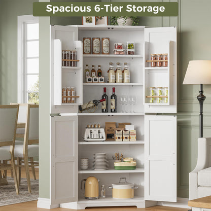 IRONCK Corner Cabinet, 72" Kitchen Pantry Cabinet, 6-Tier Freestanding Farmhouse Pantry with 2 Adjustable Shelves, 240°Swivel Doors, 2 Doors Storage, Spacious Hutch for Kitchen, Living Room, White