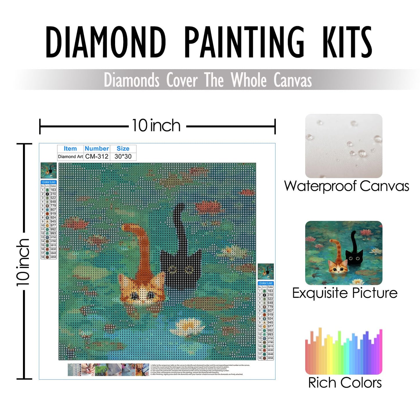 RLTXBUK Whimsical Black Orange Cat Diamond Art Kits, Monet Inspired Water Lilies Kitten Gem Diamond Painting Art Kits for Adults Beginners, Cat Mom Lovers Lady Gifts for Women 11.8x11.8 Inch
