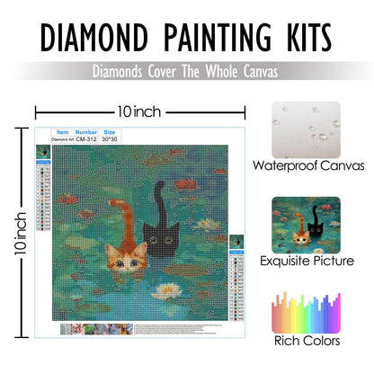 RLTXBUK Whimsical Black Orange Cat Diamond Art Kits, Monet Inspired Water Lilies Kitten Gem Diamond Painting Art Kits for Adults Beginners, Cat Mom Lovers Lady Gifts for Women 11.8x11.8 Inch