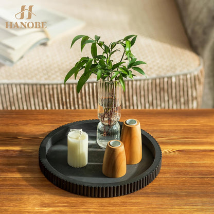12" Hanobe Decorative Tray for Coffee Table: Black Round Centerpiece Tray for Home Decor - Wood Modern Farmhouse Decor