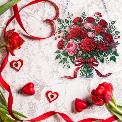 VODAPYC Mother's/Valentine's Day Rose Diamond Art Hanging Kits for Adults, DIY Acrylic Double Sided Special Shaped Diamonds Art Window Pendant Ornament(Red Rose Flower)