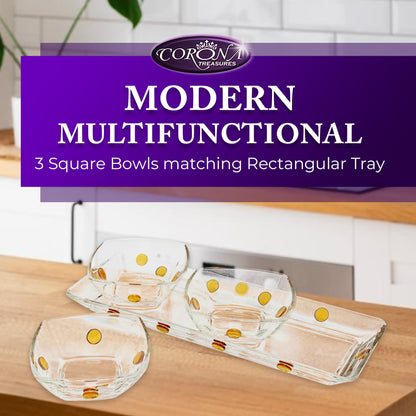 GAC Elegant Glass Square Bowls Set with Matching Rectangular Tray - 3-Piece Decorative Glass Centerpiece with Gold Dots, Square Serving Bowls for Condiments, Snacks, & Parties- Thoughtful present.