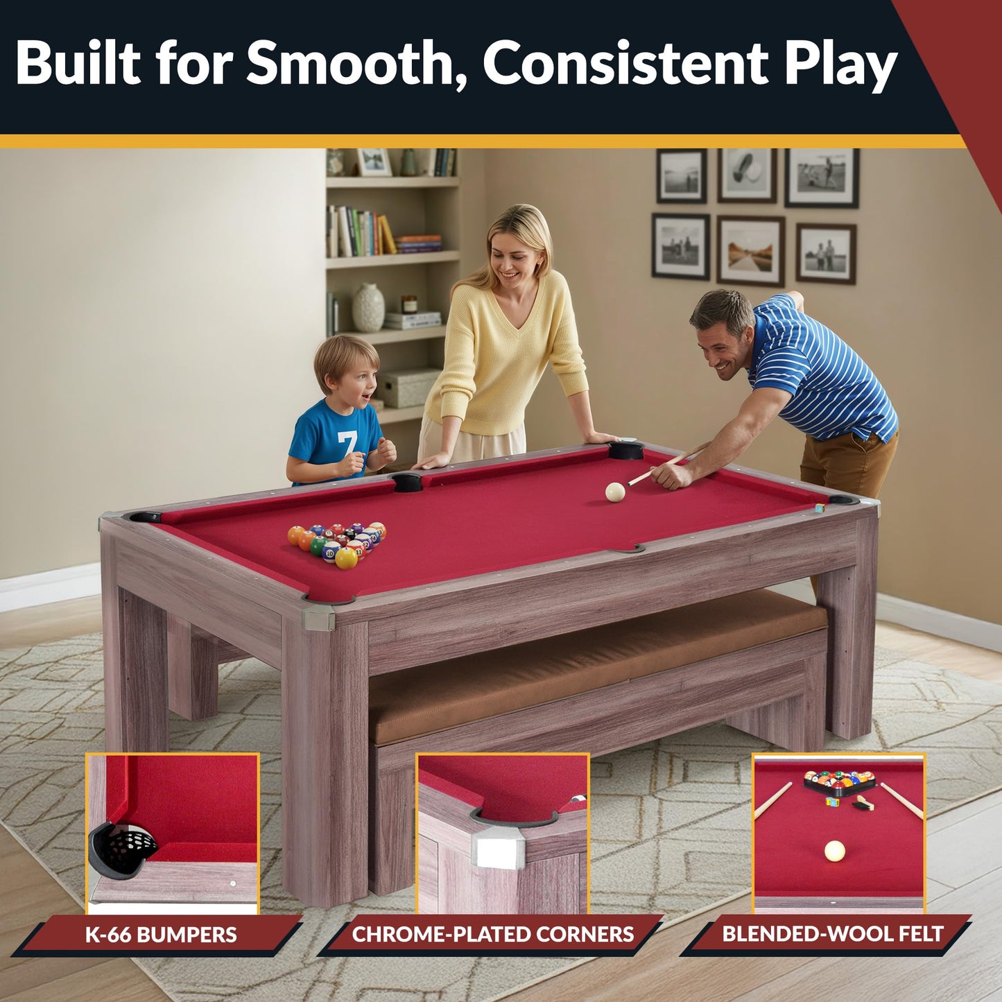 Hathaway Newport 7 Foot Dining Pool Table Combo with Game Accessories, & 2 Benches – Multifunctional Billiards Table with Ping Pong & Dining Top – Light Oak Finish, Chrome Accents, Red Felt