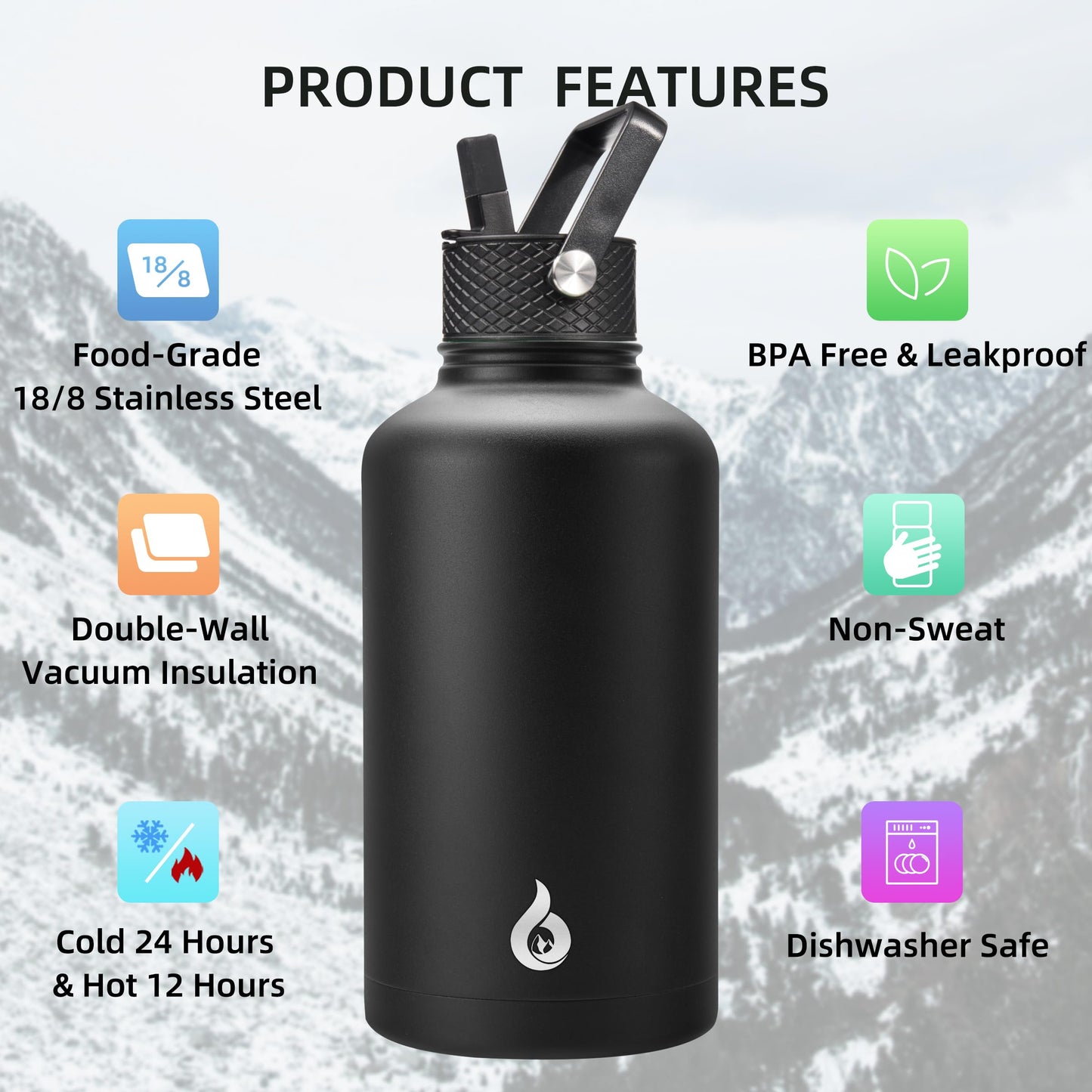 BJPKPK Half Gallon Insulated Water Bottles with Straw Lid, 64oz Large Water Jug, Stainless Steel Bottles with 3 Lids and Paracord Handle, Thermo for Hot & Cold Liquid, Black