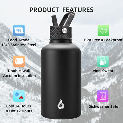 BJPKPK Half Gallon Insulated Water Bottles with Straw Lid, 64oz Large Water Jug, Stainless Steel Bottles with 3 Lids and Paracord Handle, Thermo for Hot & Cold Liquid, Black