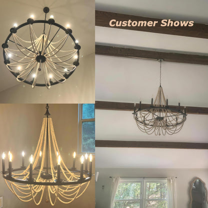 Wellmet Beaded Chandelier Boho Light Fixture 38", Black Farmhouse Dining Room Chandelier Pendant Lights, French Country Candle Wagon Wheel Chandelier Hanging Ceiling Light Fixture for Staircase Foyer