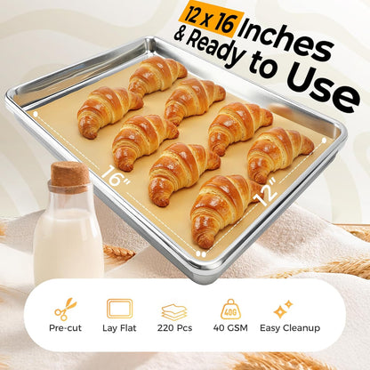 Vailnd Unbleached Parchment Paper Sheets - 220 Pcs Non-Stick, Lay Flat, 12'' x 16'' for Baking & Cooking