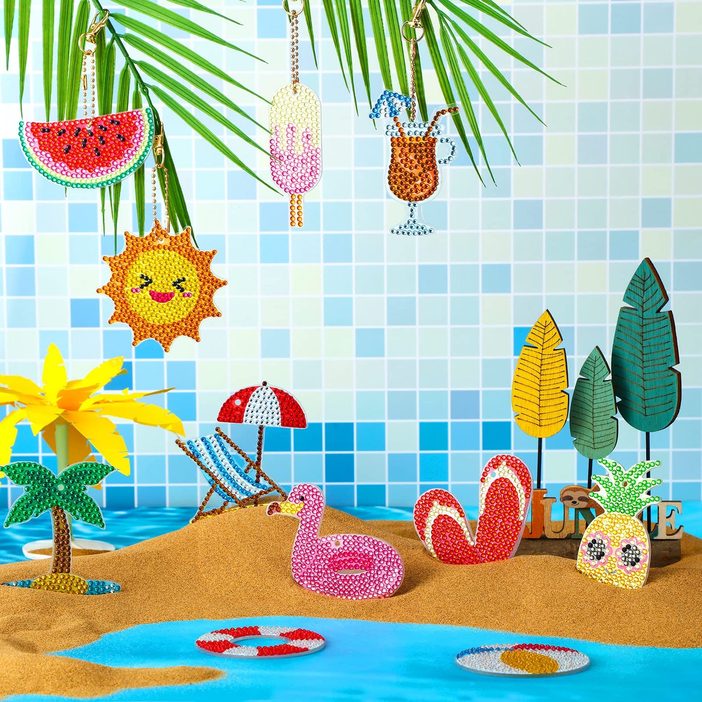 Karenhi 24 Pcs Summer Diamond Painting Keychain Kits 5d DIY Hanging Diamond Art Ornaments Flamingo Pineapple Summer Beach Diamond Decorative Crafts