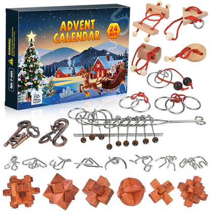 Advent Calendar 2025 Brain Teaser Puzzles for Adults Teens Kids, 24 Pcs Metal & Wood Puzzle Christmas Countdown Calendar with Fun Challenges Toys Game, Xmas Gifts for Boys Girls Teens Adults