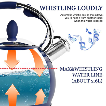 SUSTEAS Stove Top Whistling Tea Kettle - Food Grade Stainless Steel Teakettle Teapot with Cool Touch Ergonomic Handle, With 1 Silicone Pinch Mitt Included, 2.64 Quart,NAVY BLUE