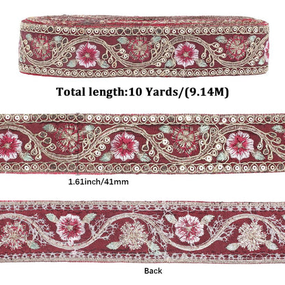 CABODYALS 10 Yards 1.6 Inch Dark Red Embroidered Ribbon Metallic Sequin Gold Floral Jacquard Trim Tape Polyester Flower Woven Embroidery Applique Ribbons for Sewing Making Clothes Crafts Dresses Decor