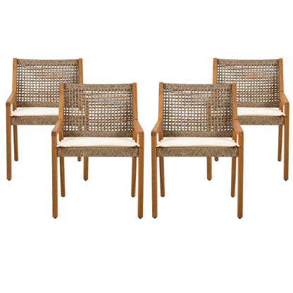 Christopher Knight Home Verle Wooden Patio Dining Set for 4, Acacia Wood Outdoor Dining Table Set for 4, 5 Piece Outdoor Dining Set with Round Table and Armchair with Seat Cushion, Teak+Beige