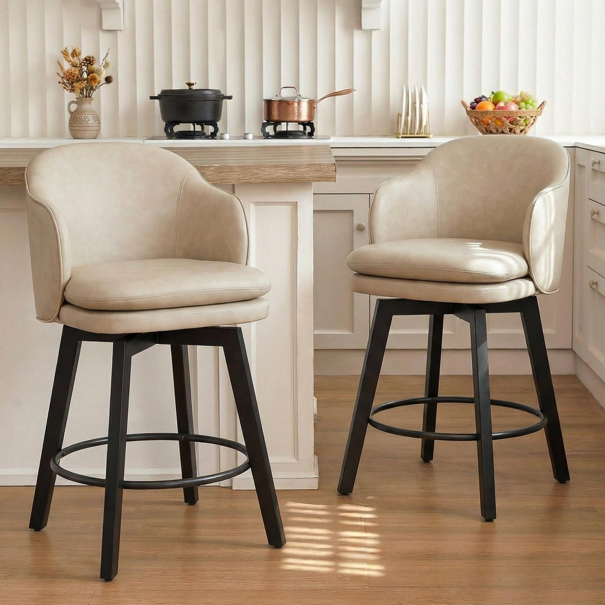 Counter Height Barstools 26 inch Upholstered Swivel Bar Stools with Back and Wood Legs for Kitchen Island,Set of 2,Beige PU Leather