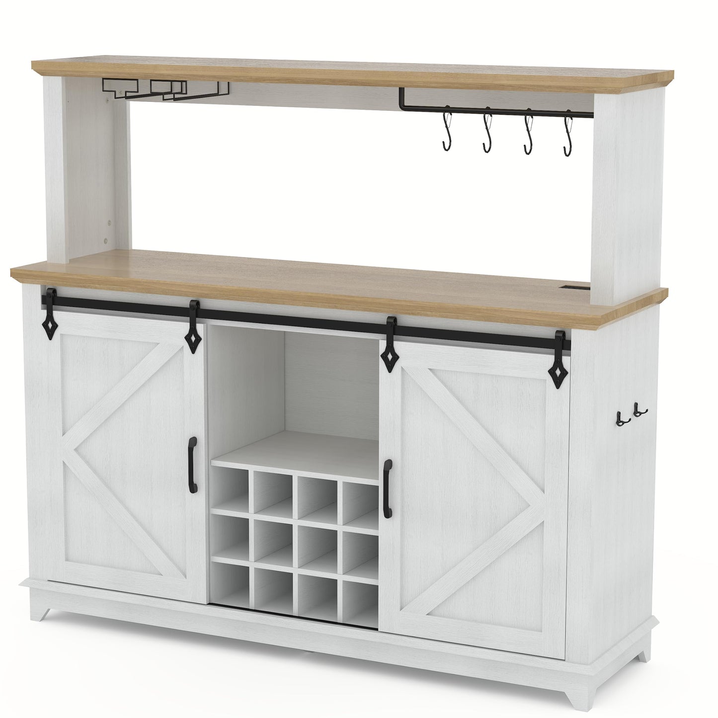 IDEALHOUSE 55" Farmhouse Coffee Bar Cabinet with Power Outlet & LED Light - Sliding Barn Door Buffet with Removable Wine Rack, 2-Tier Drawers, for Kitchen, Dining & Living Room, White