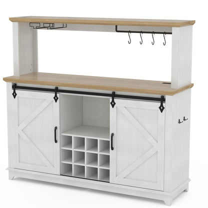 IDEALHOUSE 55" Farmhouse Coffee Bar Cabinet with Power Outlet & LED Light - Sliding Barn Door Buffet with Removable Wine Rack, 2-Tier Drawers, for Kitchen, Dining & Living Room, White