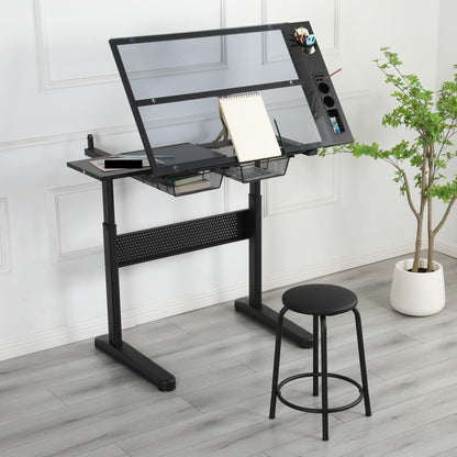 Hand Crank Adjustable Drafting Table Drawing Desk with 2 Metal Drawers，with Stool