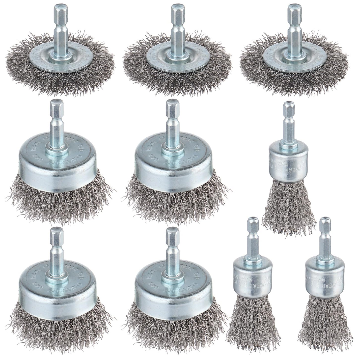 Rocaris 10-Pack Carbon Steel Wire Wheel, Cup, Pen Brush Set with 1/4-Inch Hex Shank for Rust Removal, Corrosion and Scrubbing Surfaces