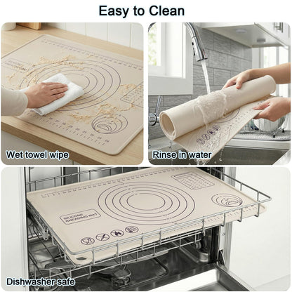 Silicone Pastry Mat 28" x 20" Extra Thick Silicone Baking Mat with Measurements and Edge Heightening Non-stick Food Grade Dough Rolling Mat Kneading Sheet for Pastry, Bread, Cookies (Beige)