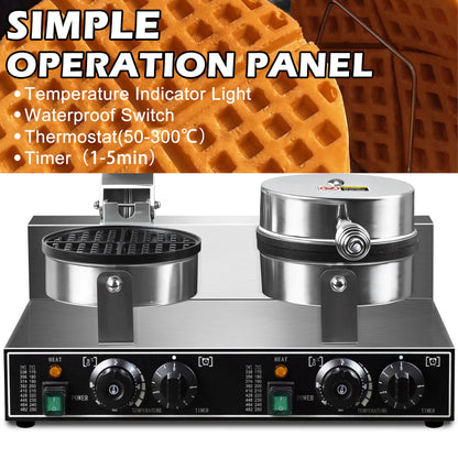 110V 2600W Commercial Double Waffle Maker,Non-Stick Commercial Waffle Baker,Stainless Steel Belgian Waffle Iron for Restaurant Party Food Stall, Bakery Snack Bar Family