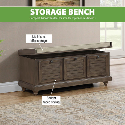 OSP Home Furnishings Dover Coastal Lift-Top Storage Bench with Shutter Face Styling, Dark Walnut Finish with Beige Fabric Cushion