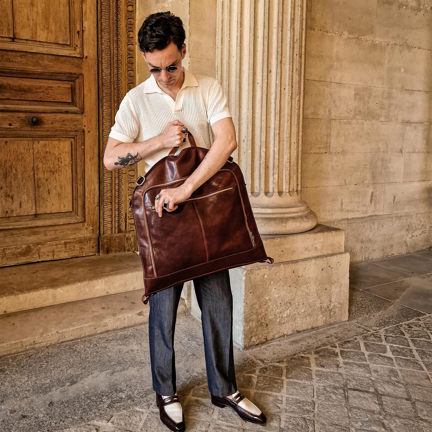 Time Resistance Leather Garment Bag - Slim Carry-On Suit Carrier for Dress Protection (Brown)