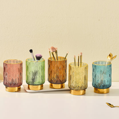 LEICURACE Makeup Brush Holder Organizer,Toothbrush Holders,Desk Pen Pencil Holder,Multifunctional Vintage Glass Brush Cup（A42-4-US）