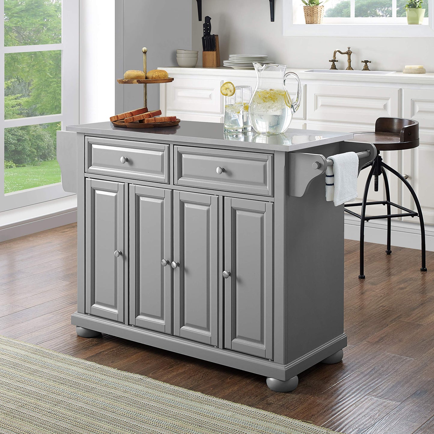 Crosley Furniture Full Size Stainless Steel Rolling Kitchen Island Storage Cart, Microwave Stand, Spice Rack, Gray