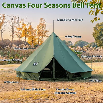 WaldZimmer Canvas Bell Tent 19.7ft Green with Stove Jack and Zipped Removable Floor, Luxury Outdoor Glamping Yurt Cotton Tent for Family Truck Car Camping Hunting Party