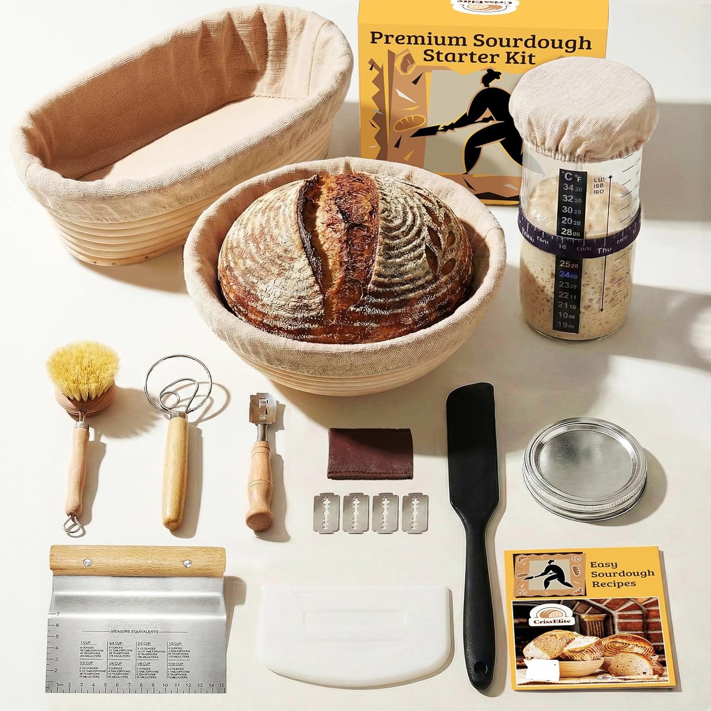 24oz 9 10 Set, Sourdough Starter Kit Complete Sourdough Bread Baking Supplies with Glass Sourdough Starter Jar, Round