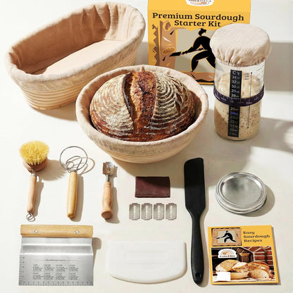 24oz 9 10 Set, Sourdough Starter Kit Complete Sourdough Bread Baking Supplies with Glass Sourdough Starter Jar, Round