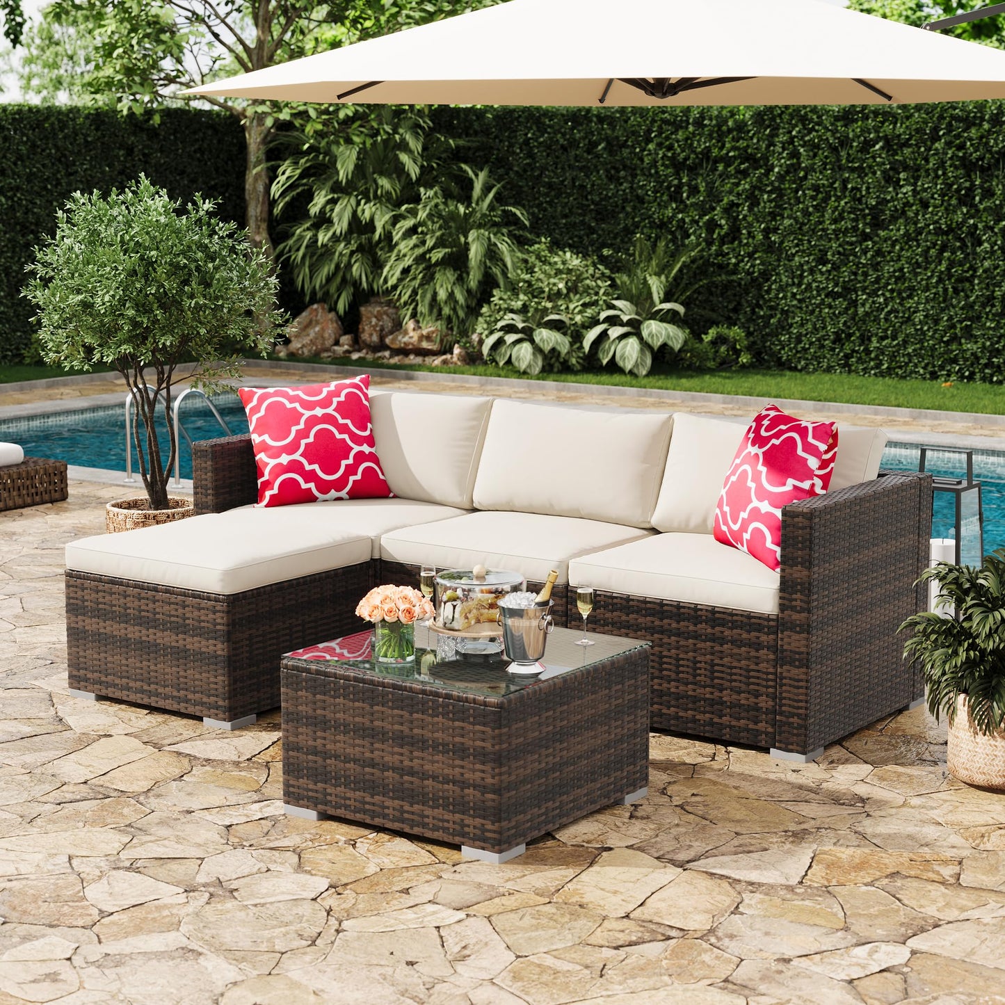 GAOMON 5-Piece All-Weather Patio Furniture Set, Convertible Outdoor Sectional Sofa with Ottoman & Tempered Glass Table, PE Rattan Conversation Set for Garden, Backyard, Porch, Poolside