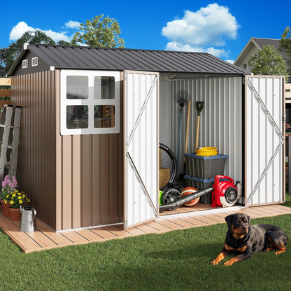 IRONCK 8x6FT Outdoor Storage Shed with Clear Window, Tool Shed with Breathable Vent and Lockable Doors, Metal Garden Storage for Poolside, Patio, Backyard, Brown