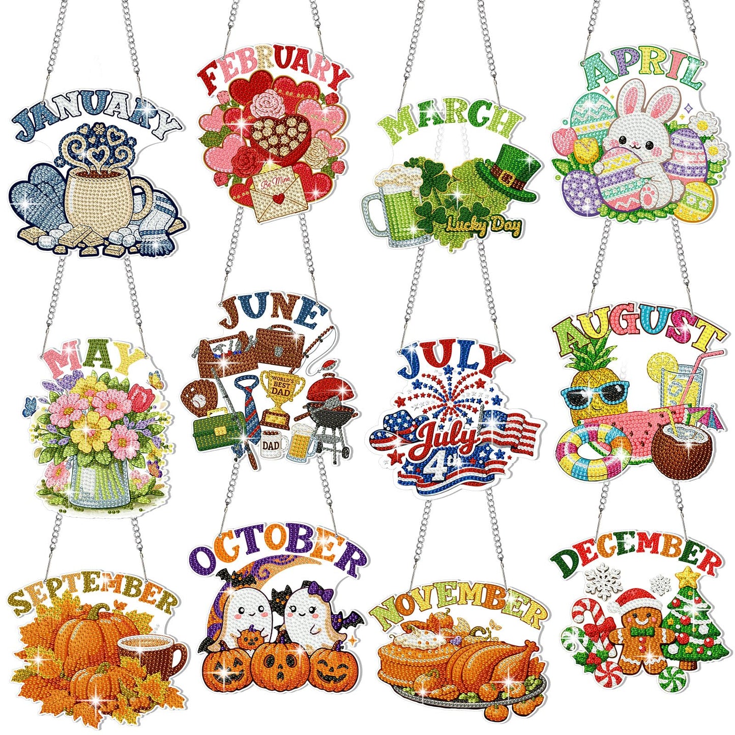 Cinnvoice 12 Pcs Seasonal Diamond Art Wreath Kits Holiday 5d DIY Diamond Painting Signs Germ Hanging Art Ornaments for Wall Door Decorations (Month)