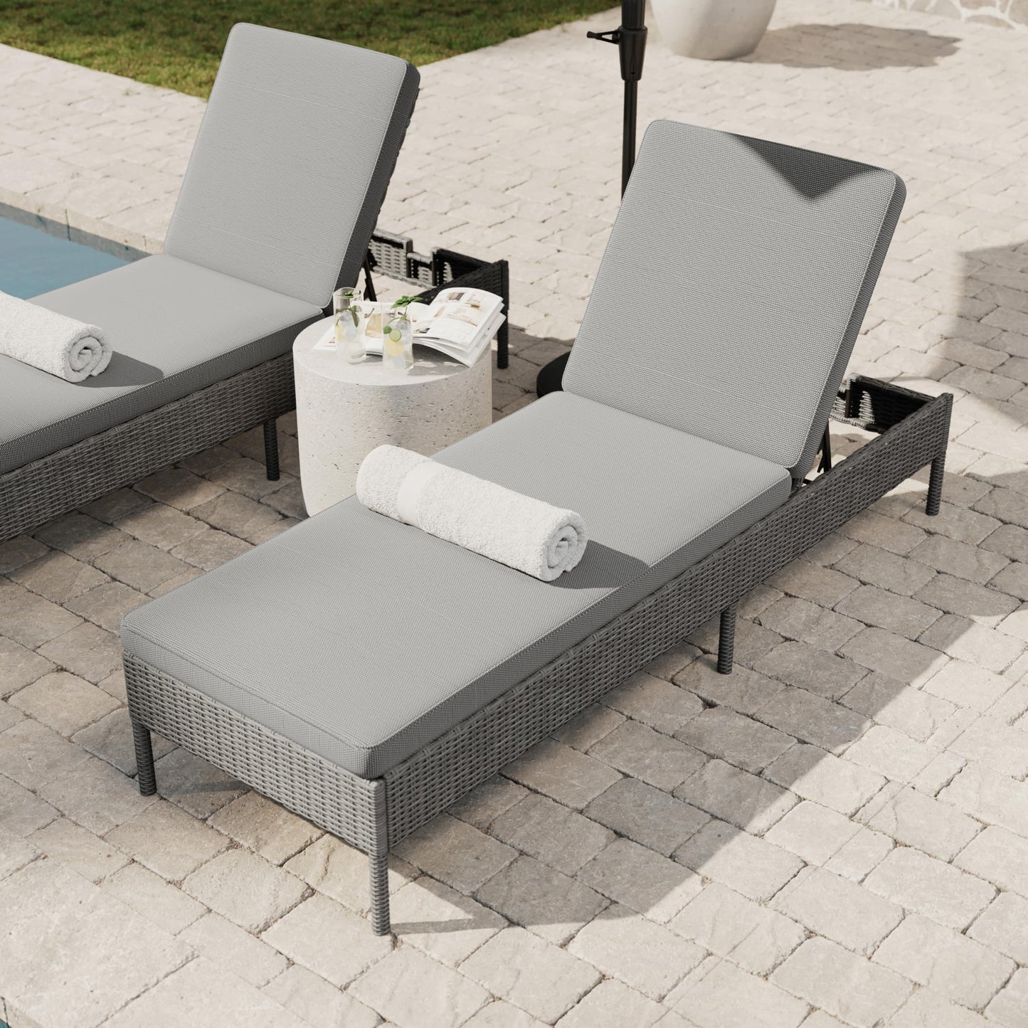 Martha Stewart Bedford Indoor-Outdoor Patio Chaise Lounge Chair with Adjustable Back and Rattan Wicker Finish in Gray with Gray All-Weather Cushions