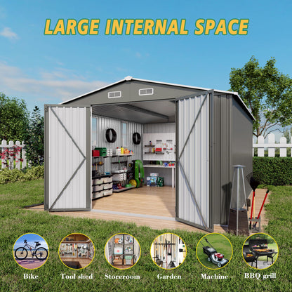 Vigo huseeo 10x12x6.7FT Outdoor Storage Shed, Galvanized Steel Garden Shed with Lockable Door & Window, Waterproof Metal Tool Storage for Garden, Backyard, Patio, Lawn