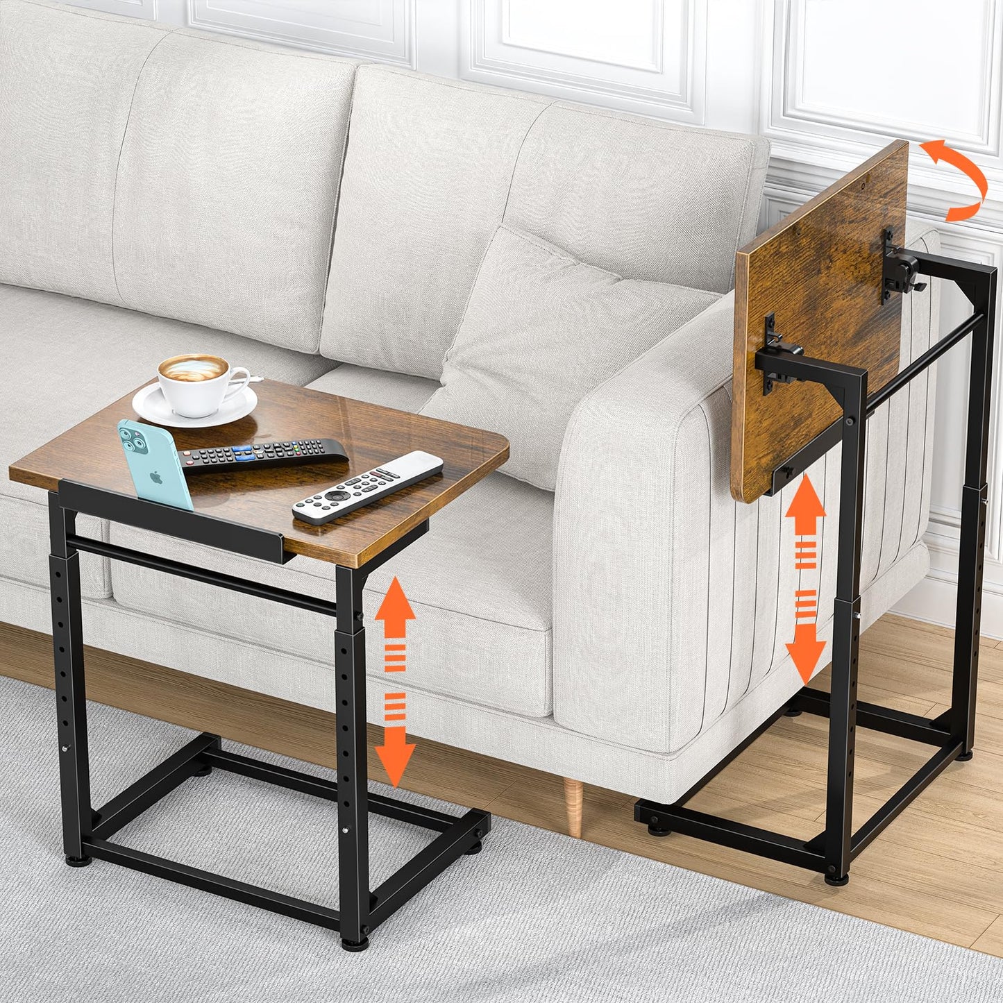 Tv Tray Table Set of 2, 8-Level Adjustable Height Couch Side Table，90° Tilt Angle Adjustments C-Shaped End Table, with Phone & Tablet Slot Sofa Computer Desk for Couch, Sofa, Bed, Chair, Living Room