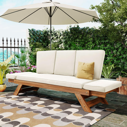 FAVSH Outdoor Adjustable Wooden Chaise Lounge, Patio 3 Seat Daybed Sofa Chairs with Cushions for Small Places,Backyard,Poolside,Natural+Beige