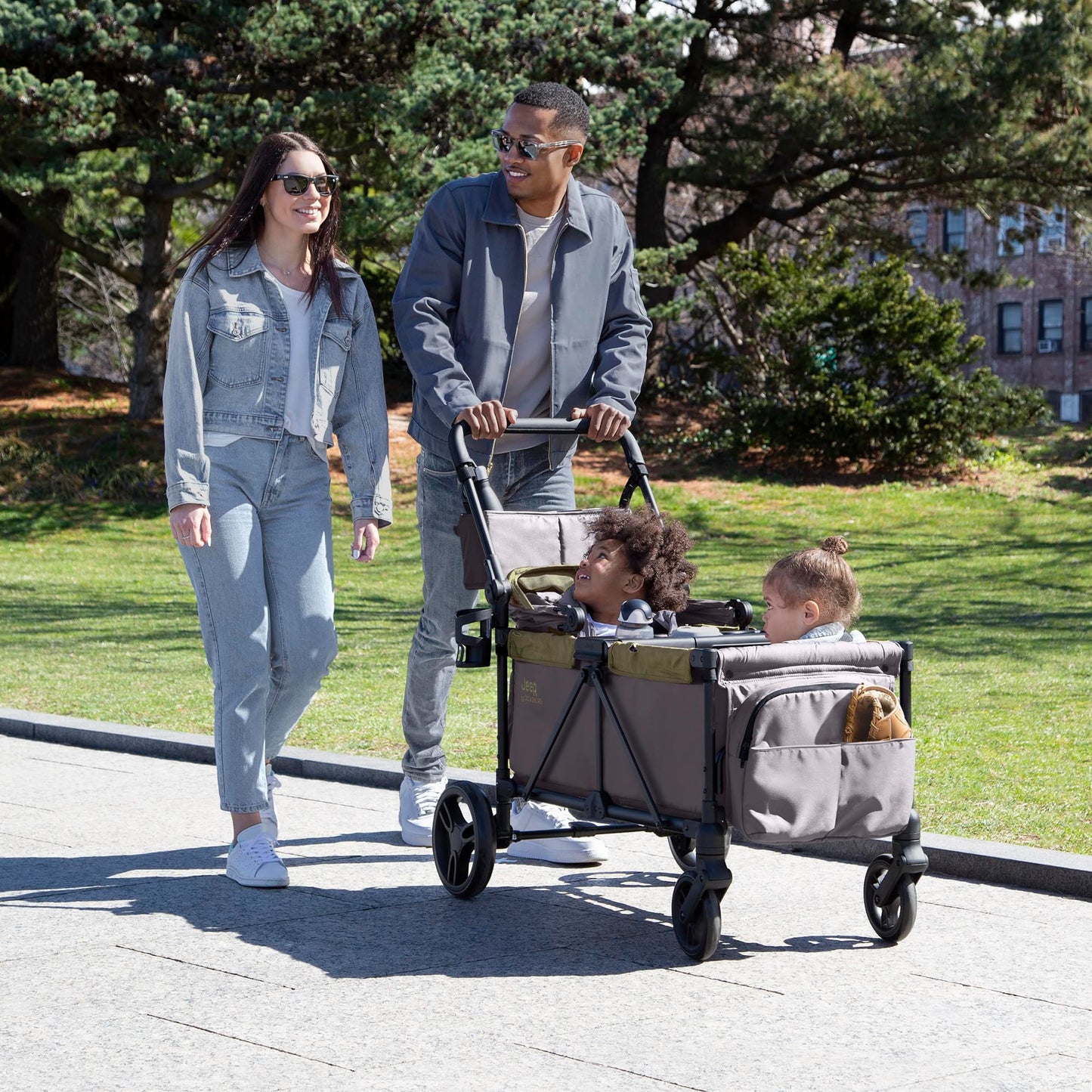 Jeep Sport All-Terrain Stroller Wagon by Delta Children - Includes Canopy, Parent Organizer, Adjustable Handlebar, Snack Tray & Cup Holders, Grey/Olive Green