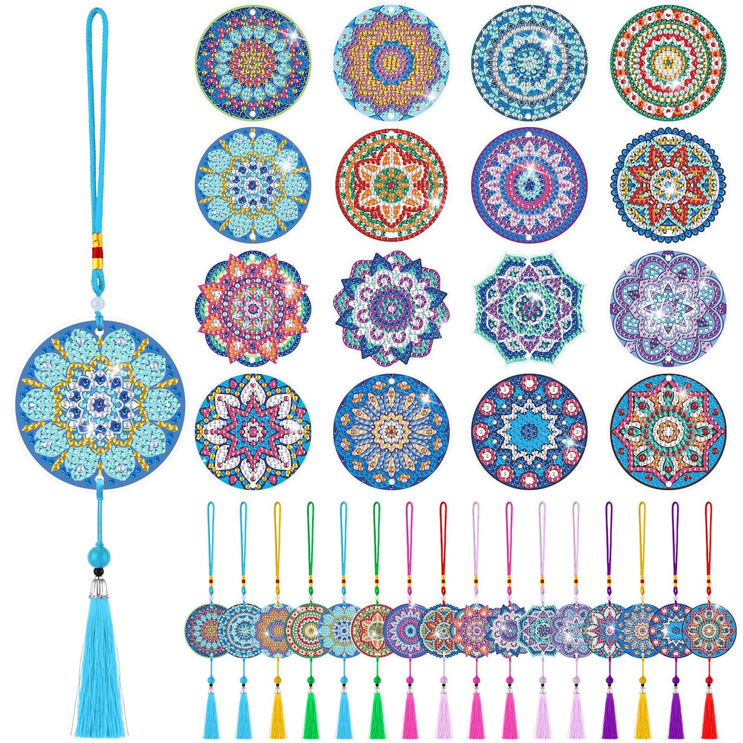Saillong 16 Pcs Diamond Art Car Ornaments Mandala Diamond Painting Kit Ornament for Car Hanging Suncatchers Charm for Rear View Mirror Double Sided Painting Crystal Gem Garden Decoration Paint DIY Kit