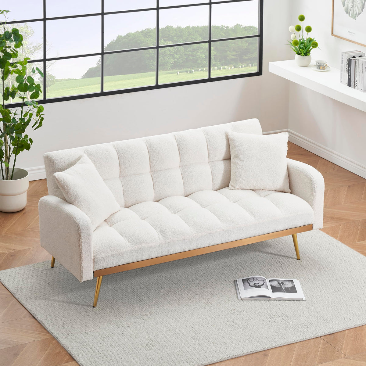 Convertible Futon Loveseat Couch Reversible Loveseat Folding Daybed Guest Bed, Tufted Teddy Fleece Upholstered Convertible Sleeper Sofa Bed with Golden Metal Legs and 2 Pillows for Living Room Office