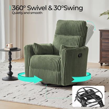 LINSY 360 Swivel Recliner Chair, Nursery Glider Rocking Chair with 2 Pillows, Corduroy Nursing Chair Comfy High Back Adult Rocker Recliner for Small Spaces, Nursery Bedroom Living Room (Green)
