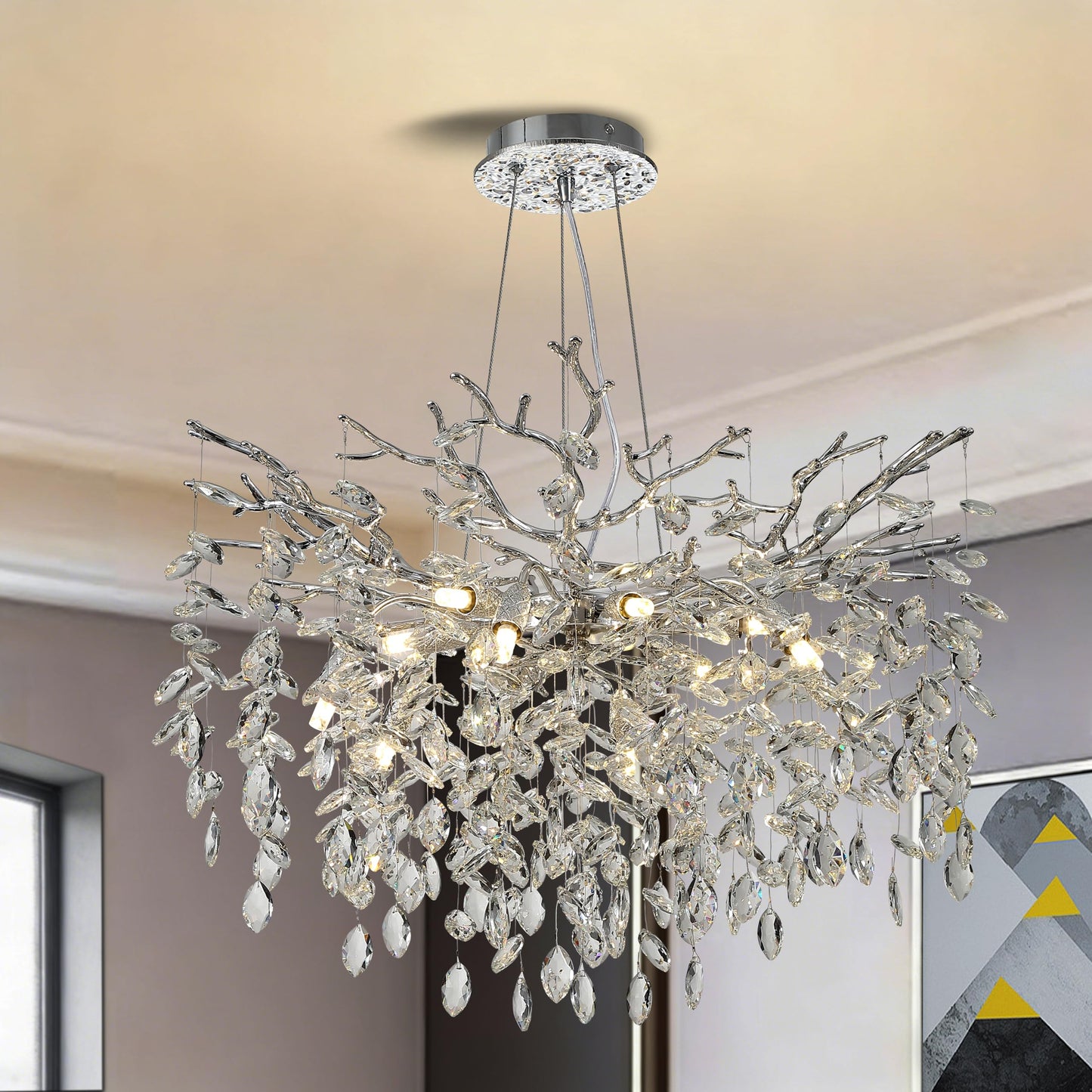 KVTOEP Modern Crystal Tree Branches Chandelier, 30in Silver 10 Lights Large Ceiling Hanging Light for Dining Room, Round Raindrop Pendant Light Fixture