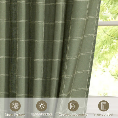 NICETOWN Linen Plaid Curtains Gingham Window Panels Moss Green Check Tartan Light Filtering Curtains for Living Room Bedroom, Rod Pocket Back Tab, 2 Panels, 52 inch Wide x 84 inch Long