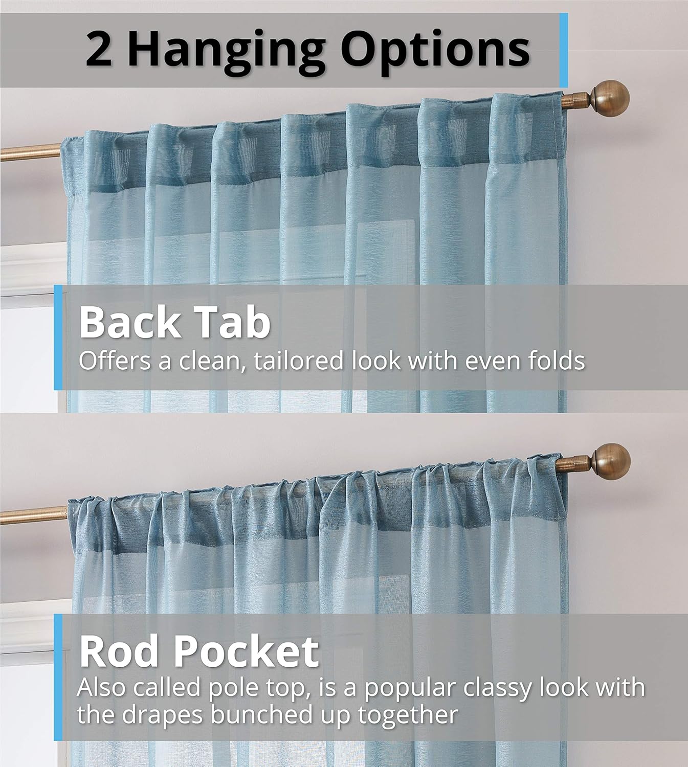 HLC.ME Lauren Semi Sheer Light Filtering Transparent Pocket Top & Back Tab Lightweight Floor Length Window Curtains, 2